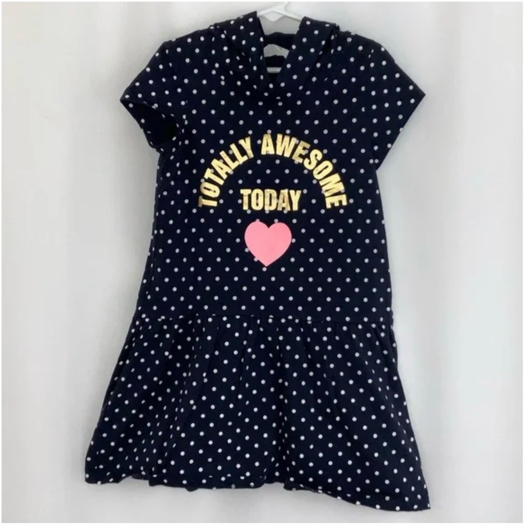 Girl’s H&M Navy Dress With White Dots And Gold Text Size 6-8 Years